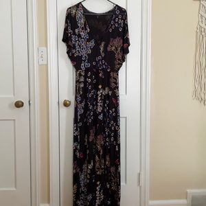 Wrap front maxi dress, black with floral pattern